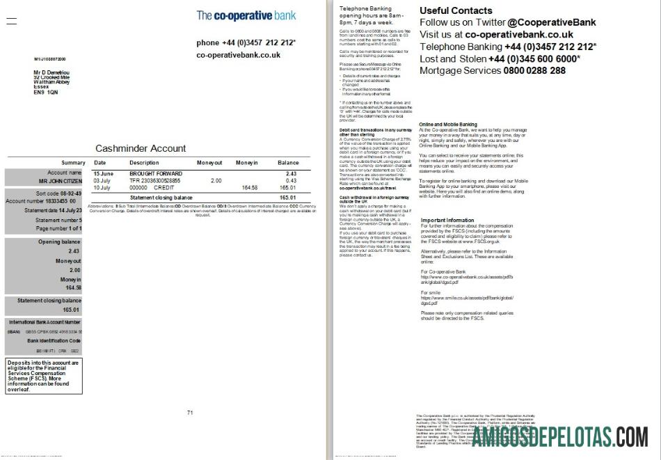 em branco Reino Unido Extrato do Cooperative Bank modelo Word e PDF, 2 páginas